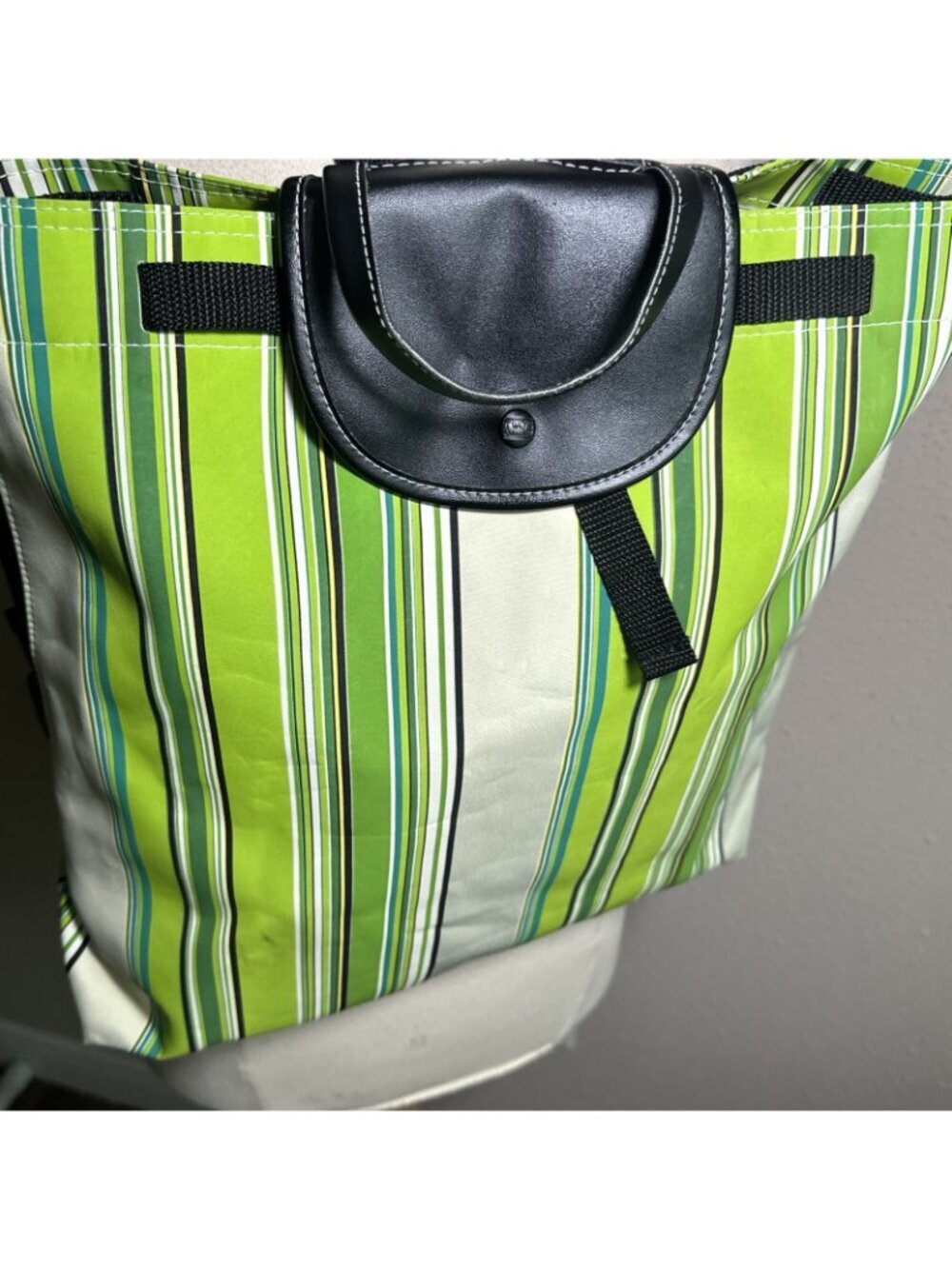 Twos Company Stripe Packable Beach Backpack Tote Vegan Green Black - Picture 2 of 13